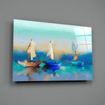 Sailboat close-up showing impressionist sailboats drifting through turquoise haze