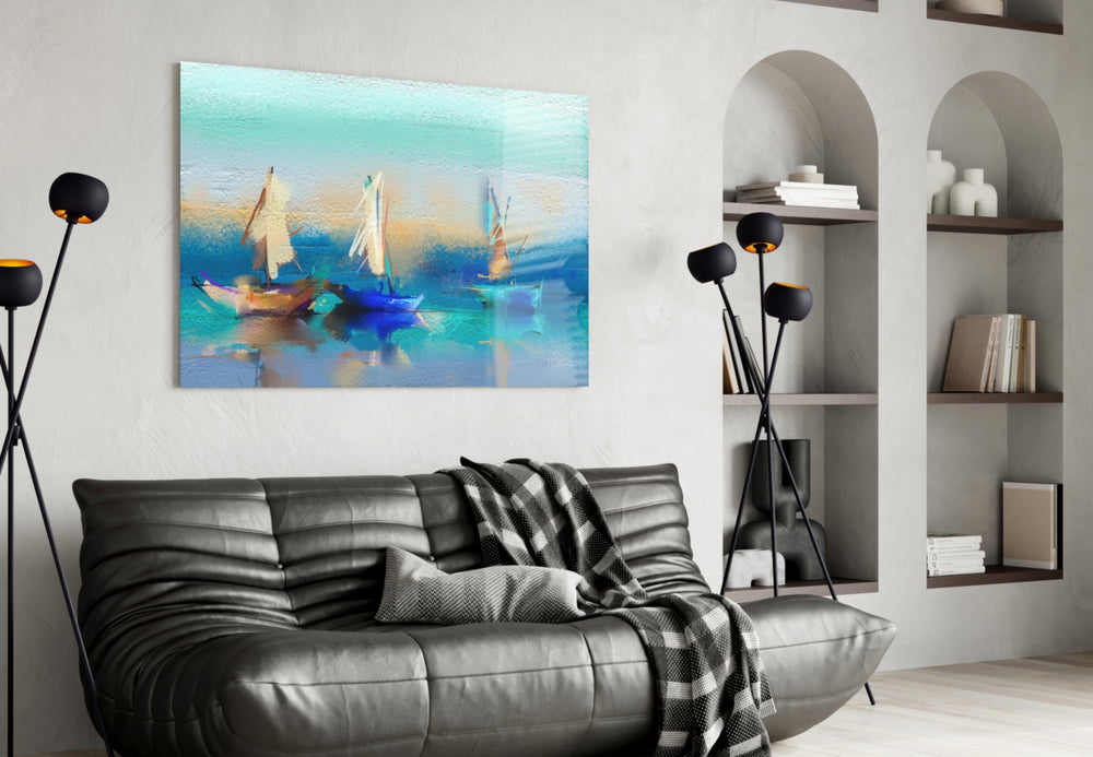 Sailboat panel adding editorial calm to a bedroom