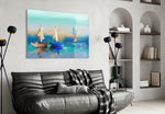 Sailboat panel adding editorial calm to a bedroom