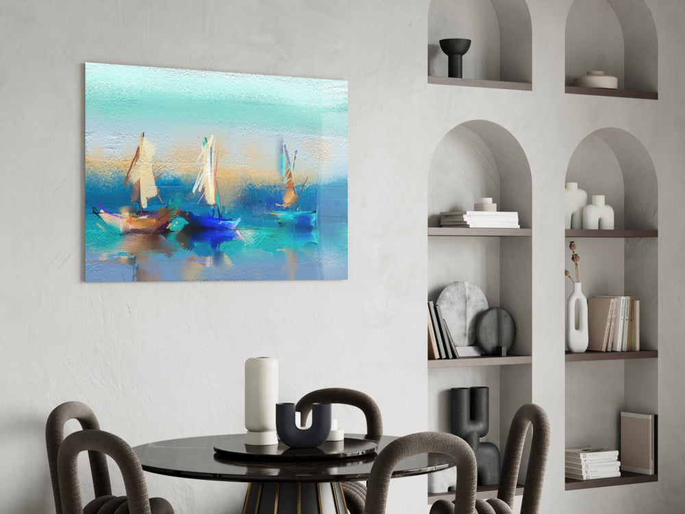 Sailboat glass print enhancing a bathroom with cinematic mood