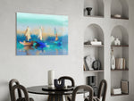 Sailboat glass print enhancing a bathroom with cinematic mood
