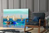 Sailboat artwork anchoring a wall with serene classical palette