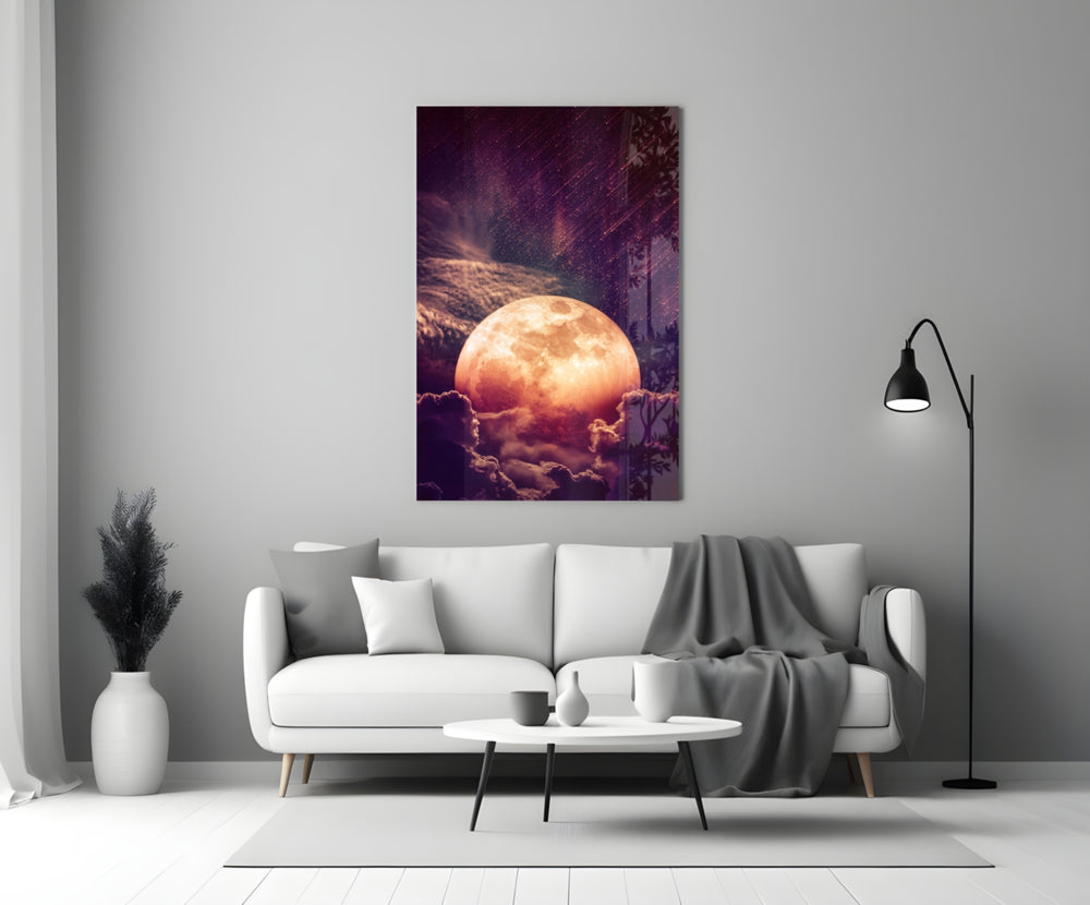 Moon glass wall art styled above a bed in a master bedroom