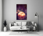 Moon glass wall art styled above a bed in a master bedroom