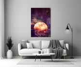 Moon glass wall art styled above a bed in a master bedroom