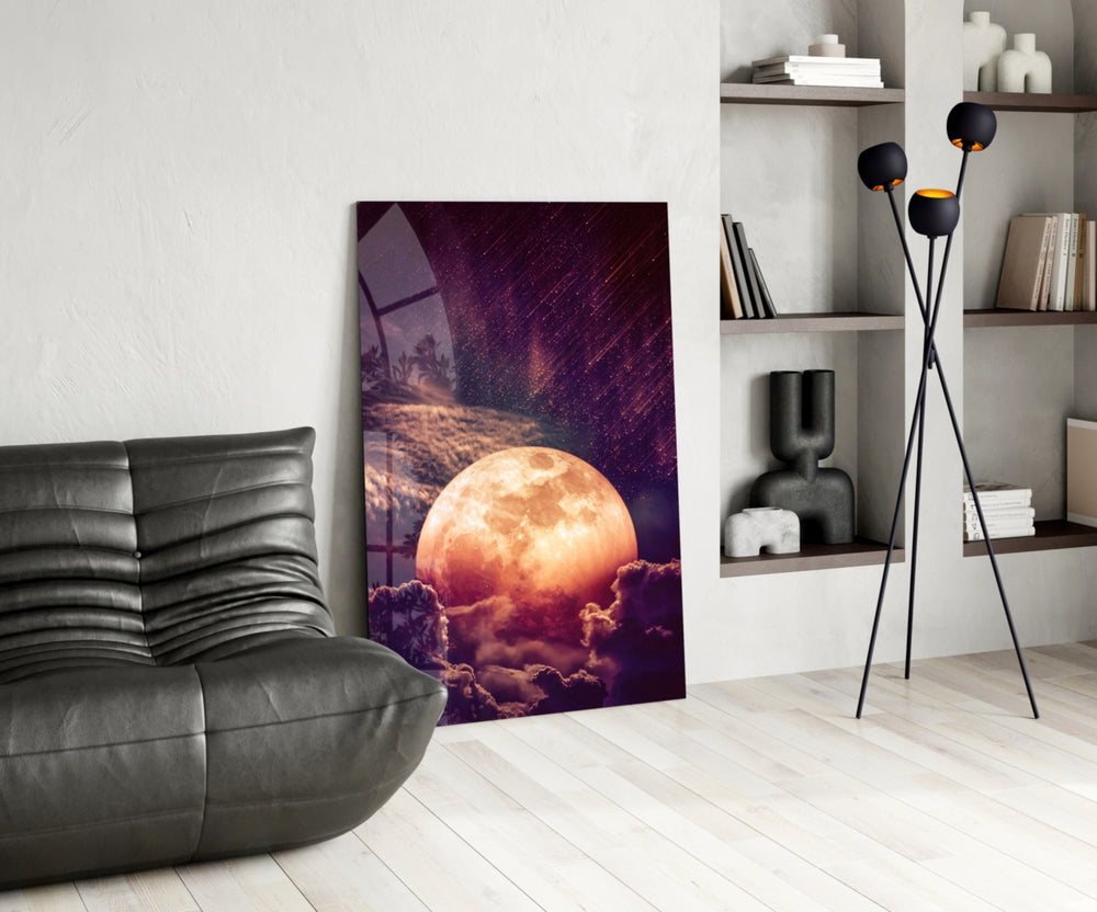 Moon glass print enhancing a living room with cinematic mood