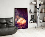 Moon glass print enhancing a living room with cinematic mood
