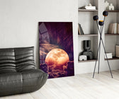 Moon glass print enhancing a living room with cinematic mood