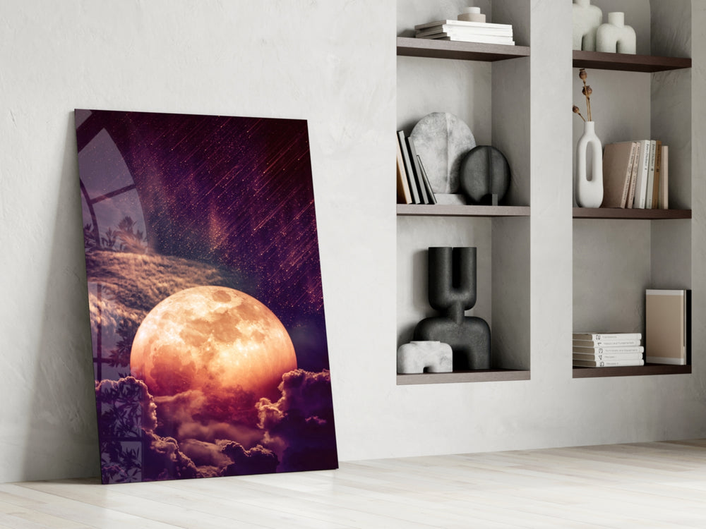 Moon artwork anchoring a wall with dreamy fantasy palette