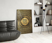Abstract Loop glass print enhancing a dining room with cinematic drama