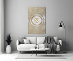 Abstract Loop glass wall art styled above a credenza in a hallway