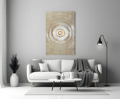 Abstract Loop glass wall art styled above a credenza in a hallway