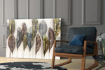 Feathers artwork anchoring a wall with luxurious naturalist palette