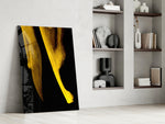 Yellow Story artwork anchoring a wall with bold minimalist palette