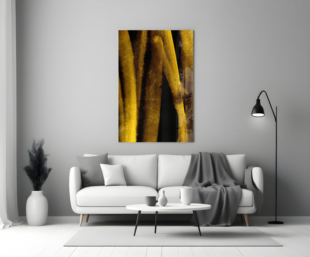 Yellow Story glass wall art styled in a living room