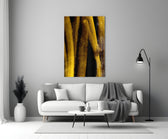 Yellow Story glass wall art styled in a living room
