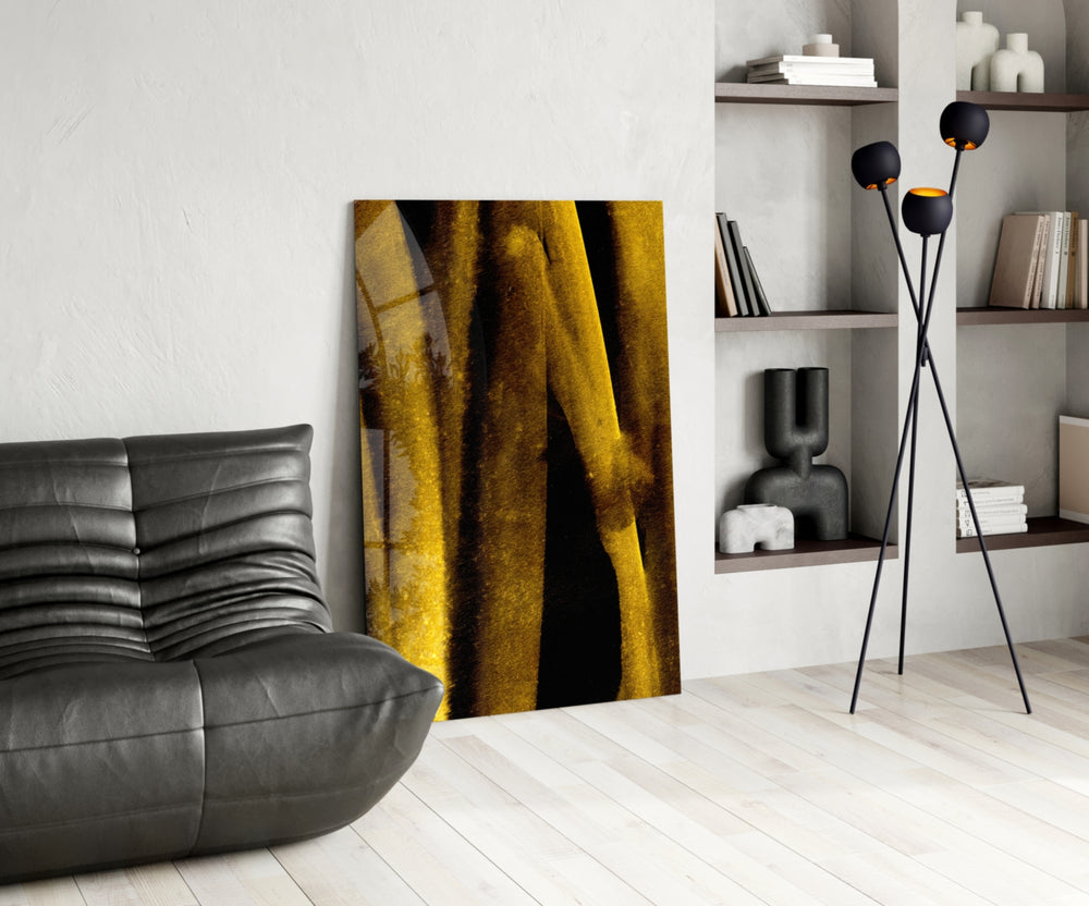 Yellow Story glass print enhancing a dining room with cinematic drama