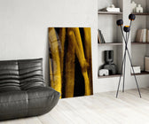 Yellow Story glass print enhancing a dining room with cinematic drama