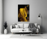 Yellow Story glass wall art styled above a credenza in a living room