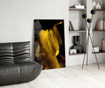 Yellow Story glass print enhancing a dining room with cinematic drama