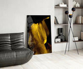 Yellow Story glass print enhancing a dining room with cinematic drama