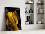 Yellow Story artwork anchoring a wall with bold minimalist palette