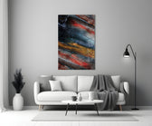 Abstract glass wall art styled above a credenza in a living room