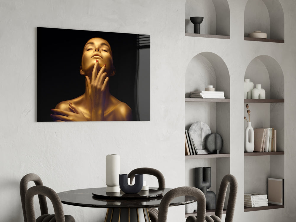 Gold Woman glass print enhancing a study with cinematic drama