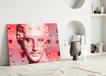 Sculpture glass wall art styled above a console in a gaming room