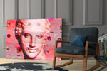 Sculpture artwork anchoring a wall with bold retro palette