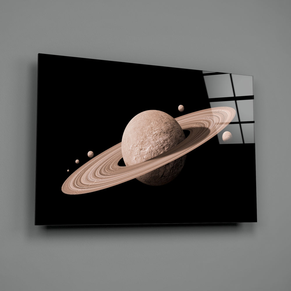 Saturn close-up showing ringed planet with cratered surface on velvet black