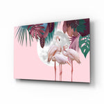Tropical-collage panel bringing playful calm to a contemporary bedroom