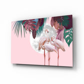 Tropical-collage panel bringing playful calm to a contemporary bedroom