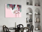 Flamingo glass print enhancing a bathroom with cinematic whimsy