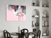Flamingo glass print enhancing a bathroom with cinematic whimsy