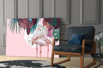 Flamingo artwork anchoring a wall with playful tropical palette