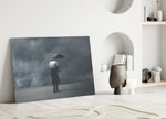 Storm in Thoughts glass wall art styled above a console in a study
