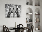 Brooklyn Bridge glass print enhancing a hallway with cinematic drama