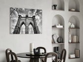 Brooklyn Bridge glass print enhancing a hallway with cinematic drama