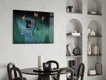 Butterfly Effect glass print enhancing a living room with cinematic warmth