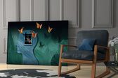 Butterfly Effect artwork anchoring a wall with contemplative surreal palette
