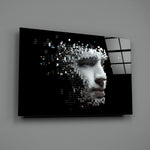 Being Human close-up showing pixel-voxel head dissolving on velvet black