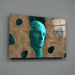 Sculpture close-up showing teal classical bust through optical moire spheres