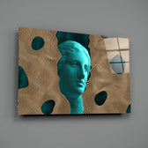 Sculpture close-up showing teal classical bust through optical moire spheres
