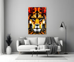 Lion glass wall art styled above a credenza in a gaming room