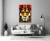 Lion glass wall art styled above a credenza in a gaming room