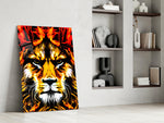 Lion artwork anchoring a wall with bold power palette
