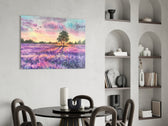 Tranquility glass print enhancing a living room with cinematic warmth