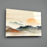 Abstract Landscape close-up showing sumi sun over misted mountain ridges