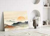Abstract Landscape glass wall art styled above a credenza in a hallway
